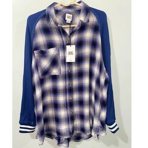 BDG Urban Outfitters Keanu Varsity Flannel Shirt Waffle Knit Sleeve Blue Medium